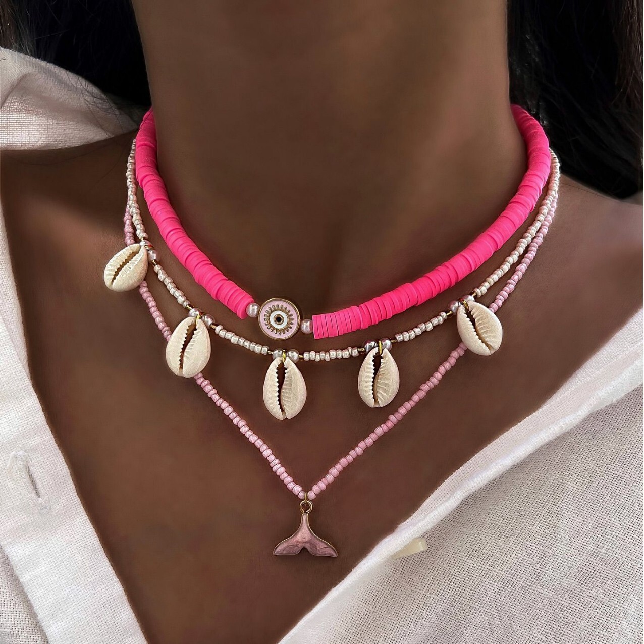 Bohemian Beach Style Beaded Fish Tail Shell Pendant Necklace Set Jewelry for Women