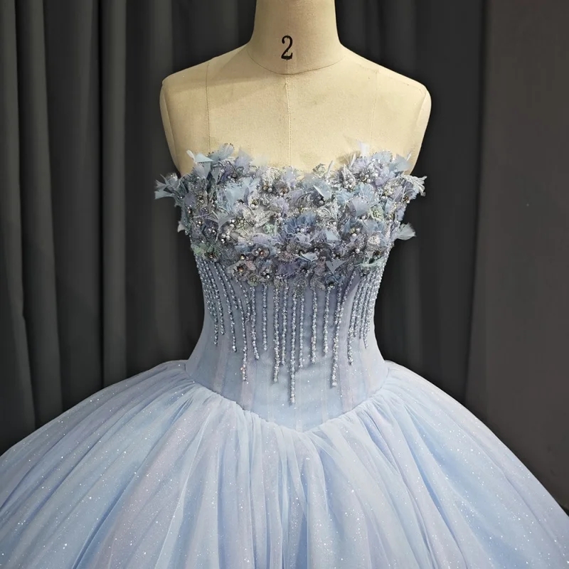 Sky Blue Shiny Princess Quinceanera Dresses Off Shoulder Beading Crystal Flower Tull Sweet 16 Dress Ball Gown Vestidos 15 De Anos