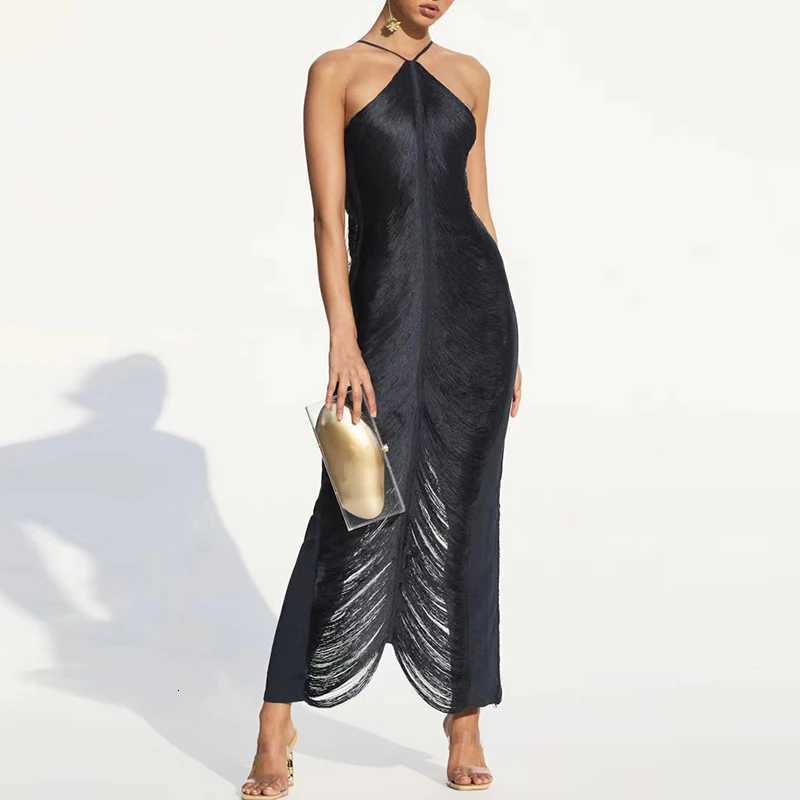 Sexy Hollow Out Sleeveless Tassels Womens Dress Fashion Halter Slim Solid Color Long Dress Elegant High Waist Split Party Dress Z250728