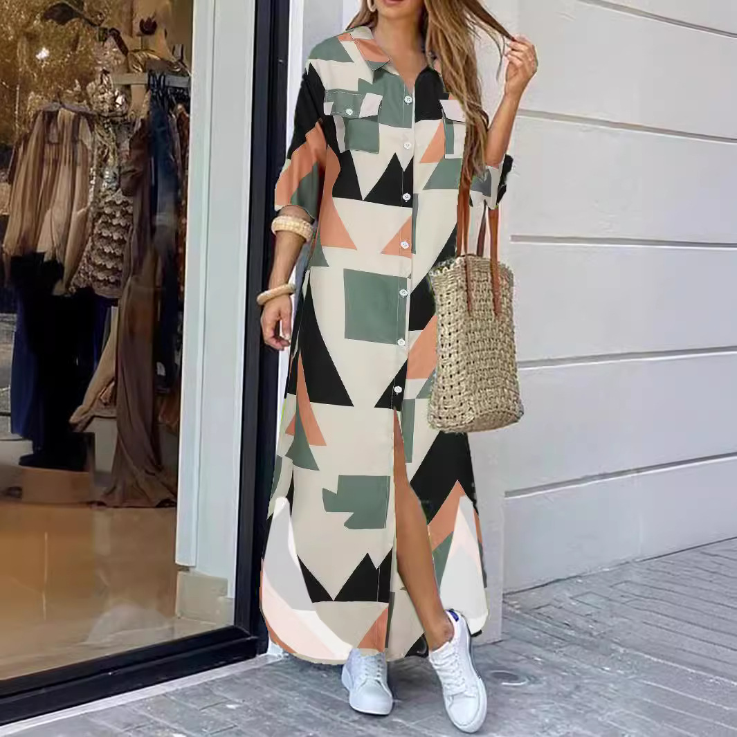 K727Printed Lapel Shirt Dress Loose Casual Long Dress
