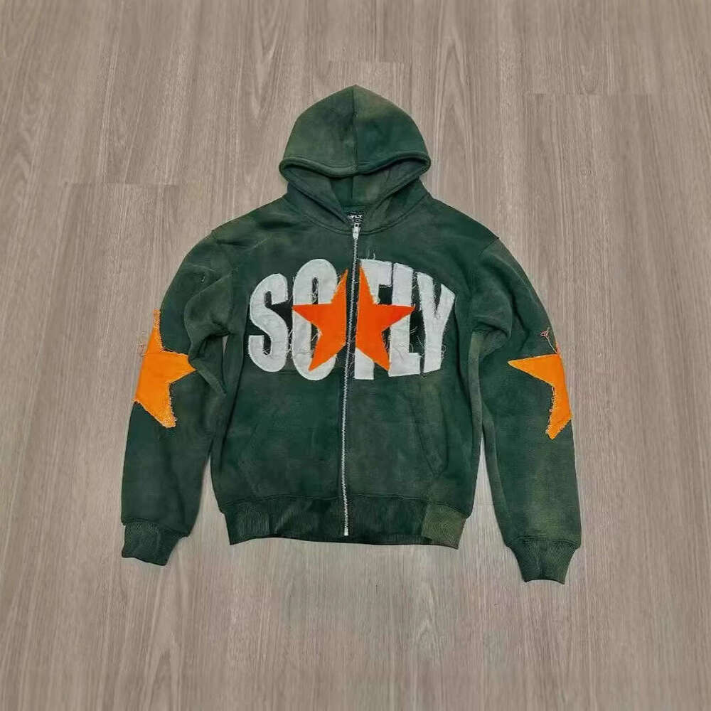 2025 New Trendy Brand Casual 103D Digital Print Five-Pointed Star Zipper Cardigan Short Hooded Sweatshirt Loose Jacket