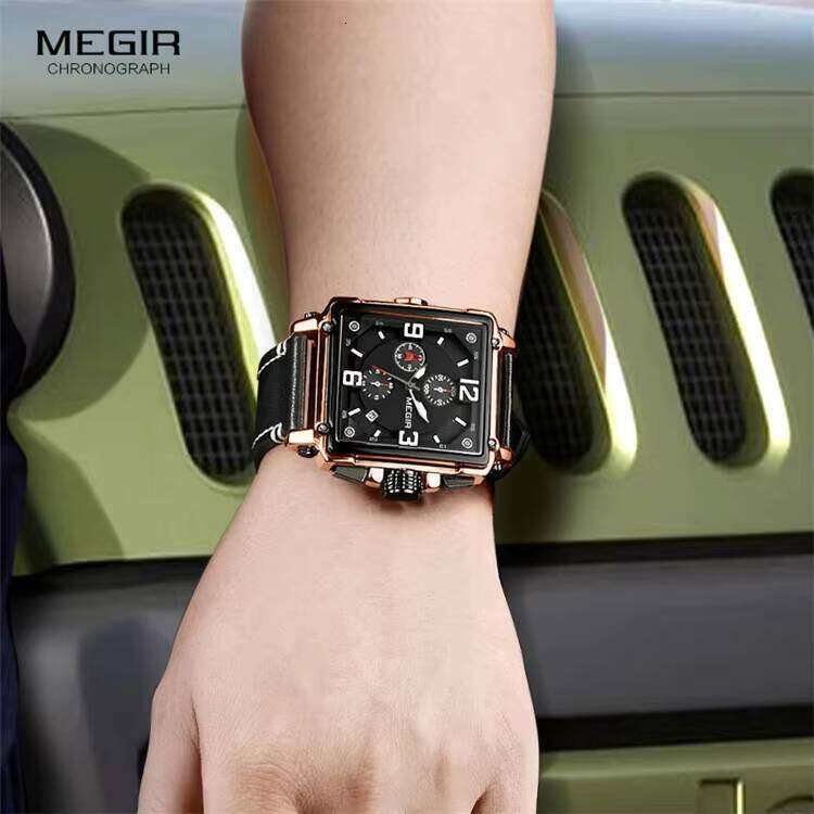 DHwatches MEGIR Men's Vintage Square Watch - Leather Strap, Luminous, Date, 30M Waterproof, Sport Quartz Watch