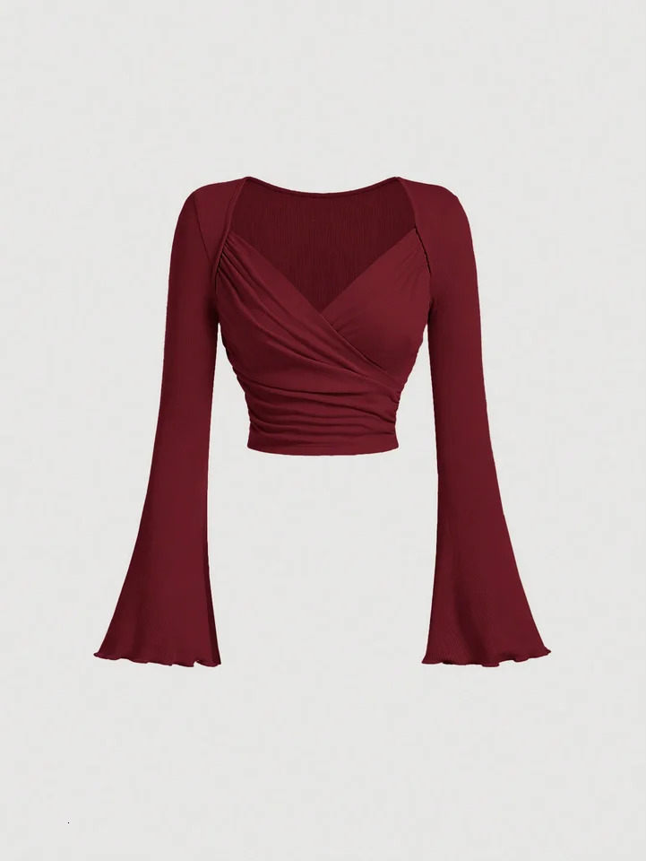 Womens Casual Slim Solid Color Large VNeck Short Flared Cuff Long Sleeve TShirt 250728