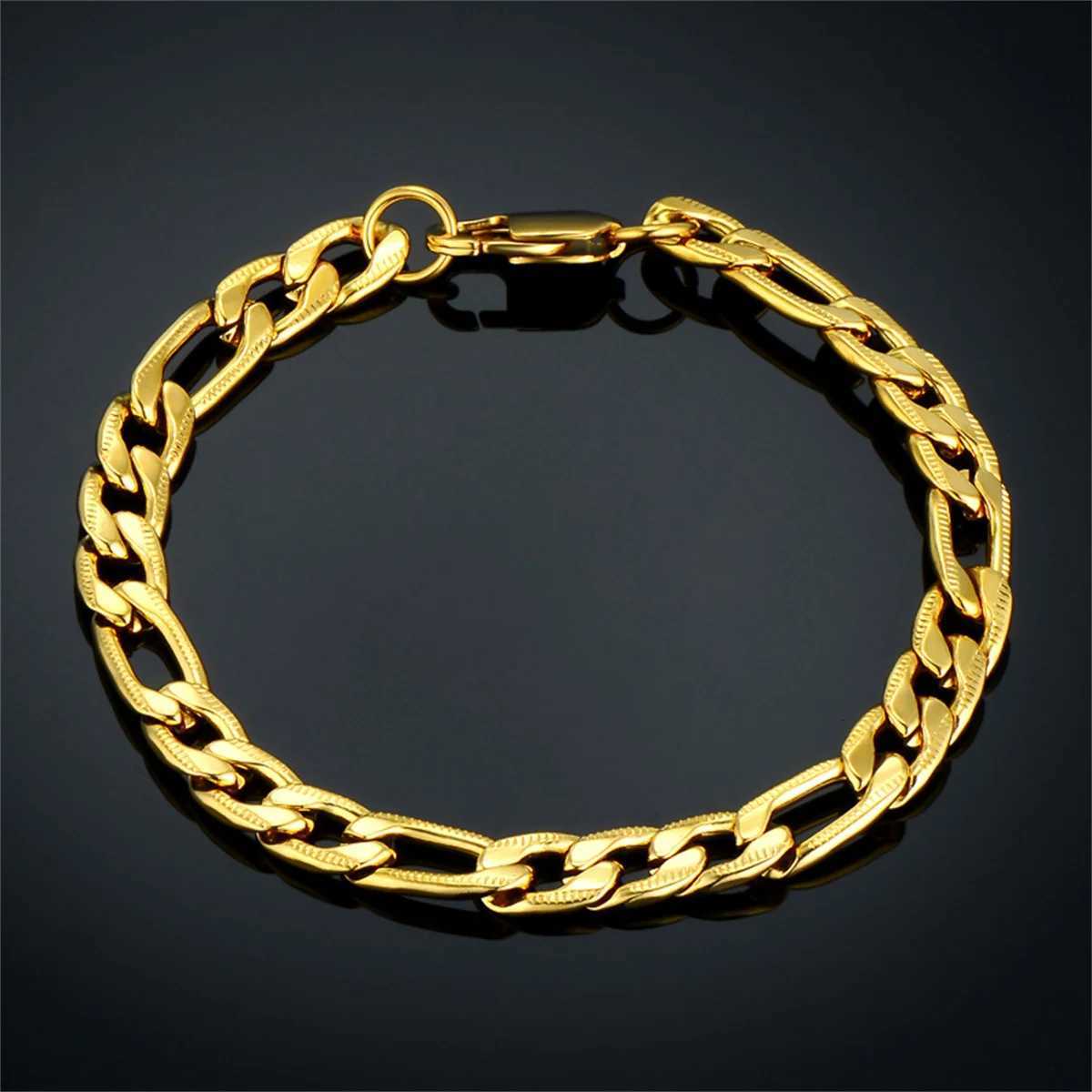 7mm Punk Embossing Figaro Chain Link Bracelet Gold Silver Color Stainless Steel Hand Chains for Women Men Fashion Jewelry Gift W250728