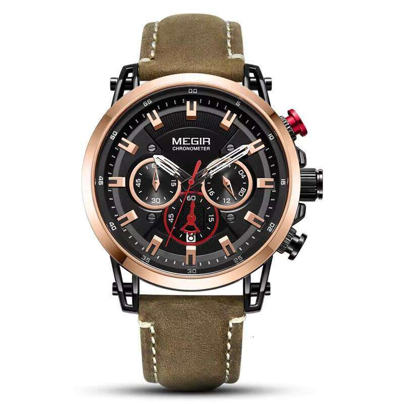 MEGIR Men's Skeleton Sports Watch - 46mm Leather Strap, Waterproof, Chronograph quartz Watch - Bulk Wholesale Watch