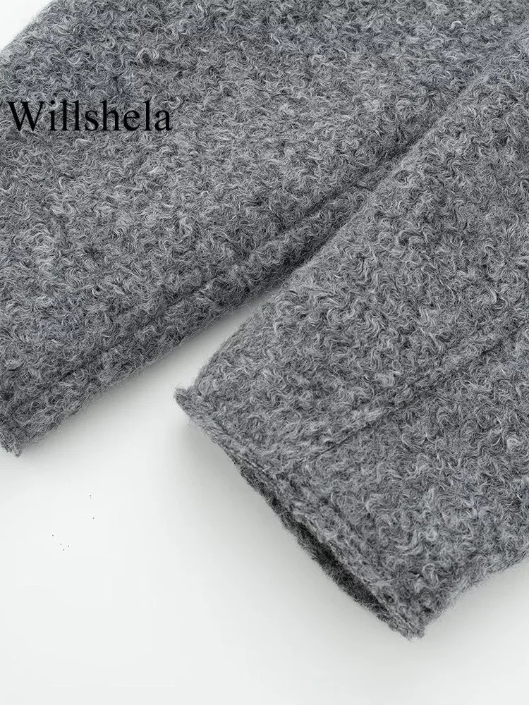 Willshela Women Fashion With Pockets Gray Front Zipper Jackets Vintage Lapel Neck Long Sleeves Female Chic Lady Outfits w250728