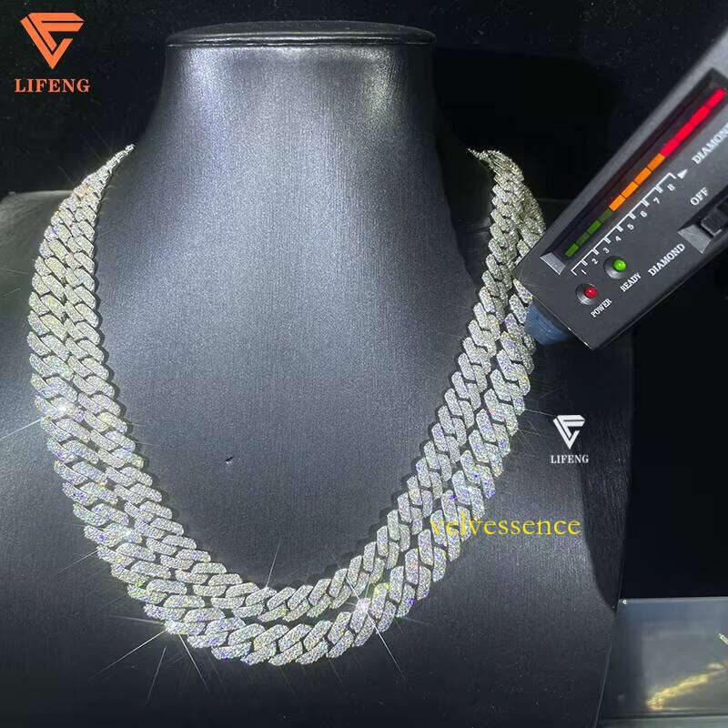 VVS Fine Jewelry Men's 10-12mm Cuban Link Chain Necklace White Gold Plated Sterling Sier with Moissanite Hip Hop Style