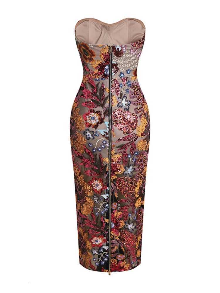 New Sexy Strapless Floral Sequin Long Dress Women Sequins Flower Backless Long Slim Dress Evening Party Runway Gown Dress Z250728