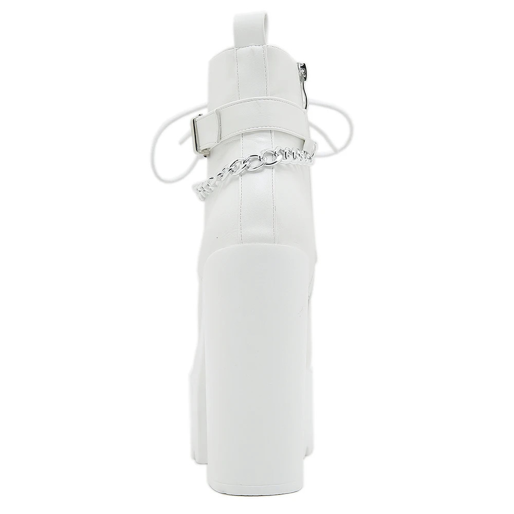 Gdgydh Womens Chain Decor Block Heeled Boots Fashion Lace Up Side Zipper Platform Boots Stylish Ankle Boots High Heels 250725