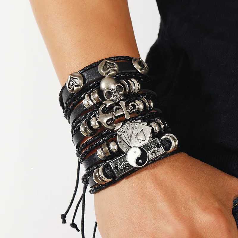 Fashion Black Skull Multi-layer Beaded Hand Leather Bracelet for Men Adjustable DIY Leather Winding Hand Rope Set W250728