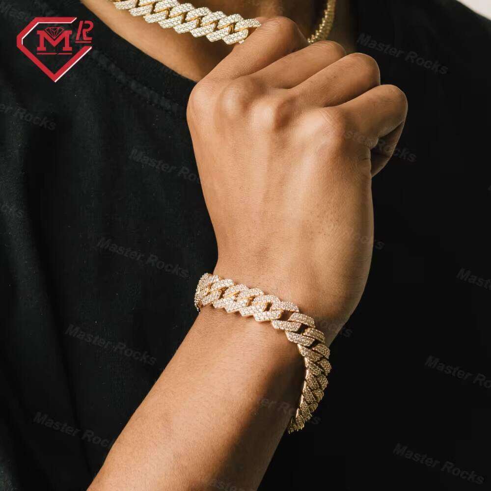 China Factory Custom Mens Hip Hop for Rapper 14mm 2rows Real Solid S Sier Moissanite Bracelet Men