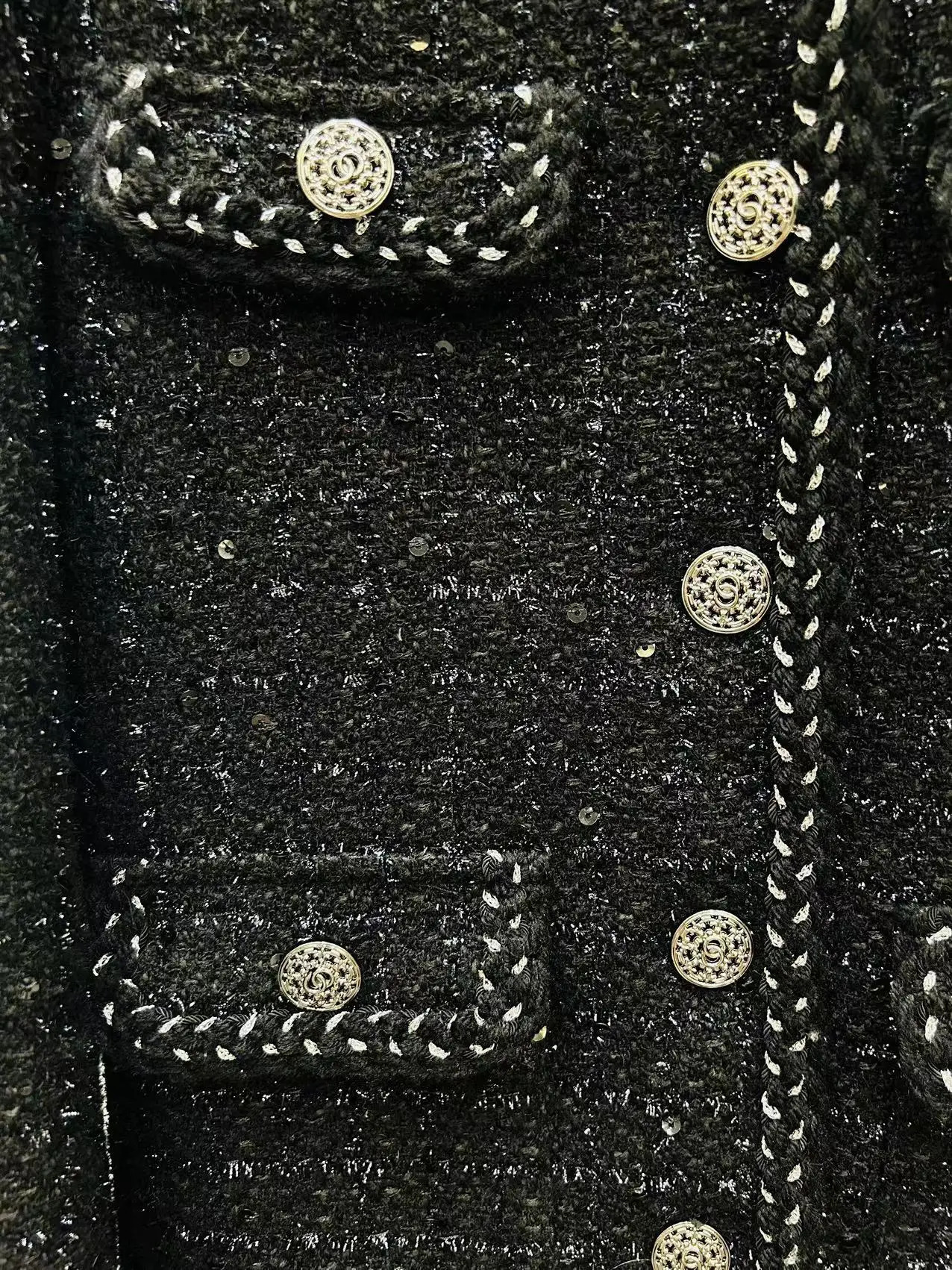 Fashion Black Heavy Industry Sequin Shiny Silk Tweed Temperament Celebrity Little Fragrance Style Starry Sky Jacket 250728