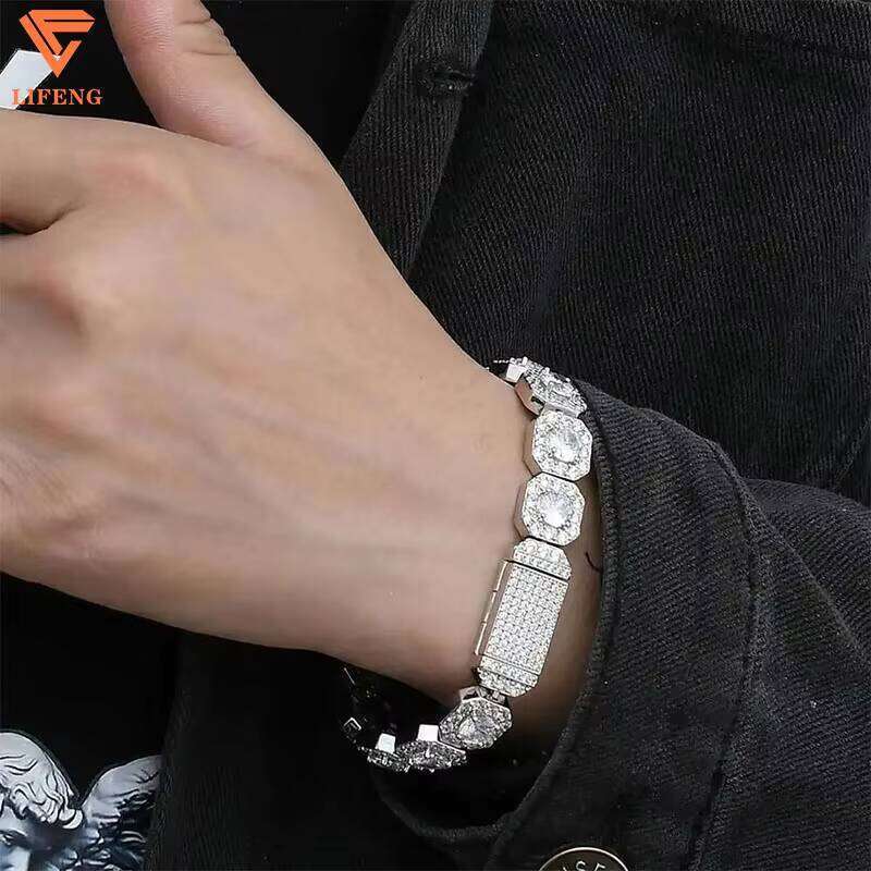 New Sier 10mm Tennis Chain Bracelet Hip Hop Style Dia VVS Moissanite Square 14K Bangle for Men Fine Jewelry