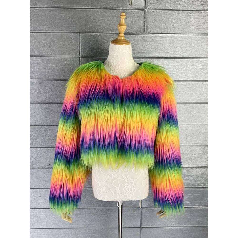 LANMREM Rainbow Colored Fur Coat For Women O-Neck Long Sleeves Personalized Coats 2025 Spring Winter New