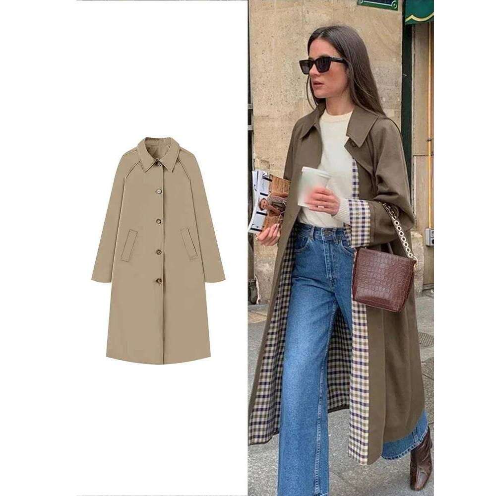 TRAF Women's Fashion Long Trench Retro Loose Single-Breasted Autumn And Winter Lapel High Street Temperament Coat