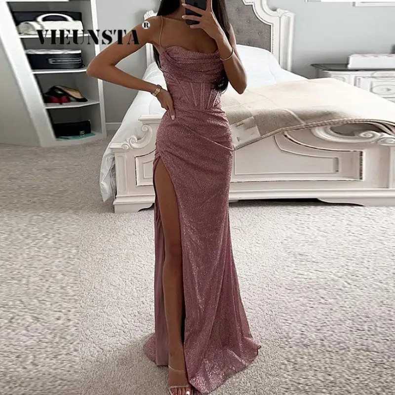 Elegant Corset Bodycon Slit Maxi Dresses Fashion Lady Shiny Backless Evening Dress Women Sexy Slim Spaghetti Strap Sequins Dress Z250728