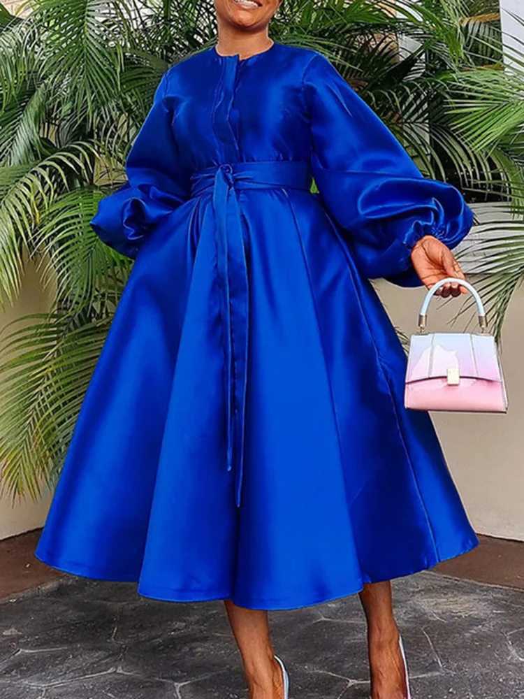 2025 Satin Puff Sleeve Evening Dress for Women Pleated A-Line Round Neck Elegant Party Club Casual Solid Midi Dress with Belt Z250728