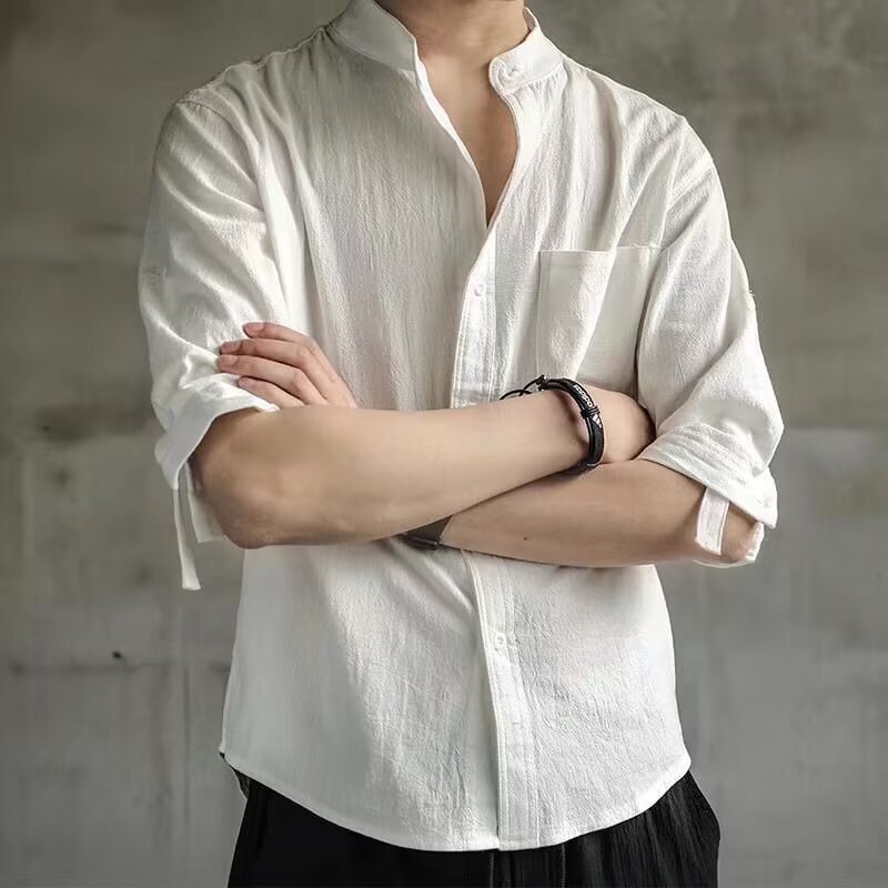 Stand Collar Short Shirt for Men, Summer Trendy Brand, High-end Sense, Stylish Men's Shirt, Plus Size, Three-quarter Sleeve