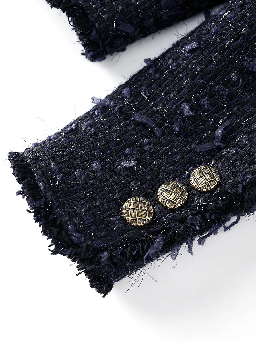 ZJYT Autumn Vintage Blue Tweed Woolen Jacket for Women Womens Clothing Winter Coat Elegant Short Outerwear Jacket 250728