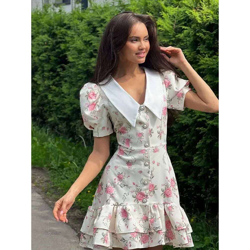 Designer Clothing 2025 Flower Printed Lapel Mini Dress Women Casual Daily Sleeved V Neck A-Line Fluffy Short Vestido 2025 New Summer Holiday Robe
