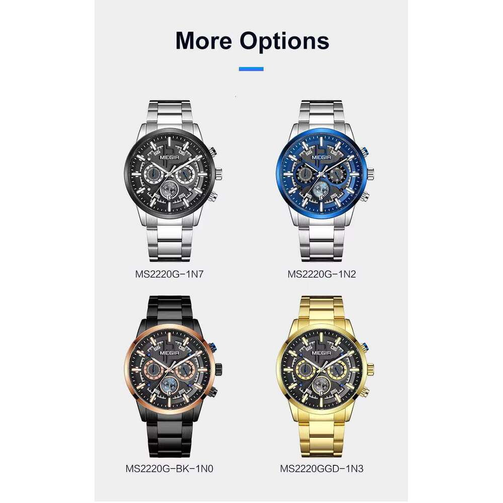 DHgargets MEGIR 2220G Men's Chronograph Watch - 43mm Stainless Steel, Waterproof, Luminous, Date, Business Quartz Watch with Triple Subdials