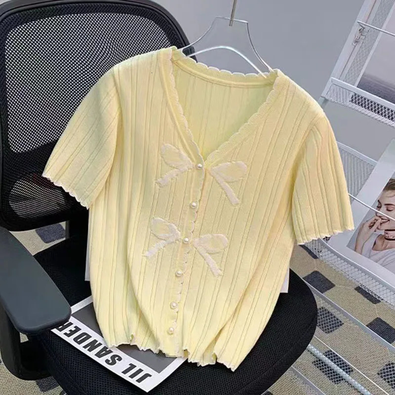 Summer Short Sleeve Thin Sweater For Women Korean Fashion Tops Y2K Clothes Woman V Neck Knitted Cardigan Sweaters Female 250728