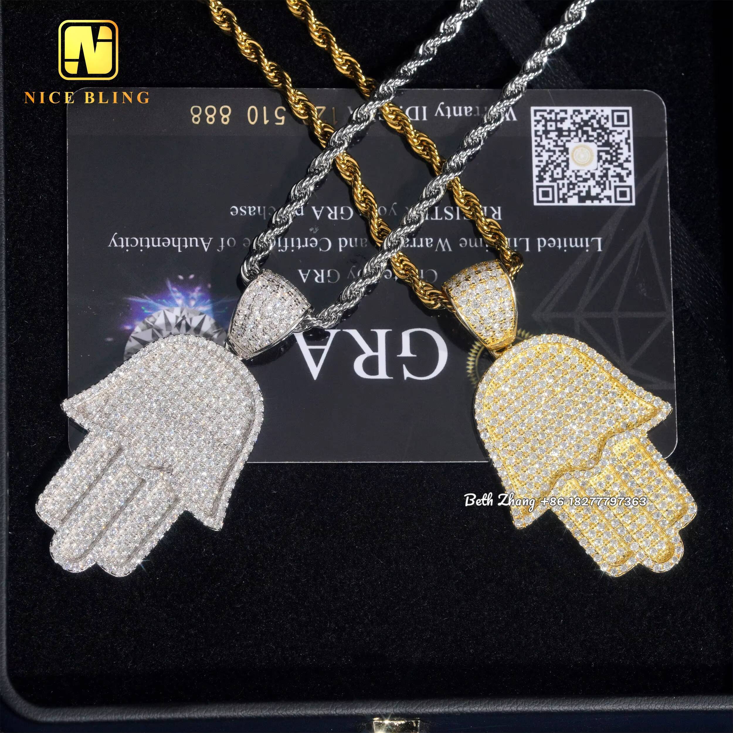 Full Iced Out Jewelry Silver Pendant Charms Fashion Moissanite Hip Hop Pendant Vvs Diamond Hamsa Hand Pendant