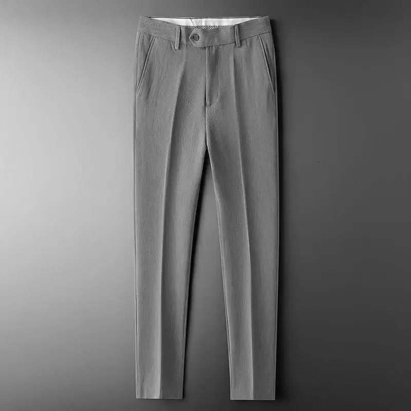 Slim Fit 9 Cropped Male Suit Trousers White Mens Summer Pants Tressed Luxury High Quality Up Stylish Formal 2024 Slacks 250724