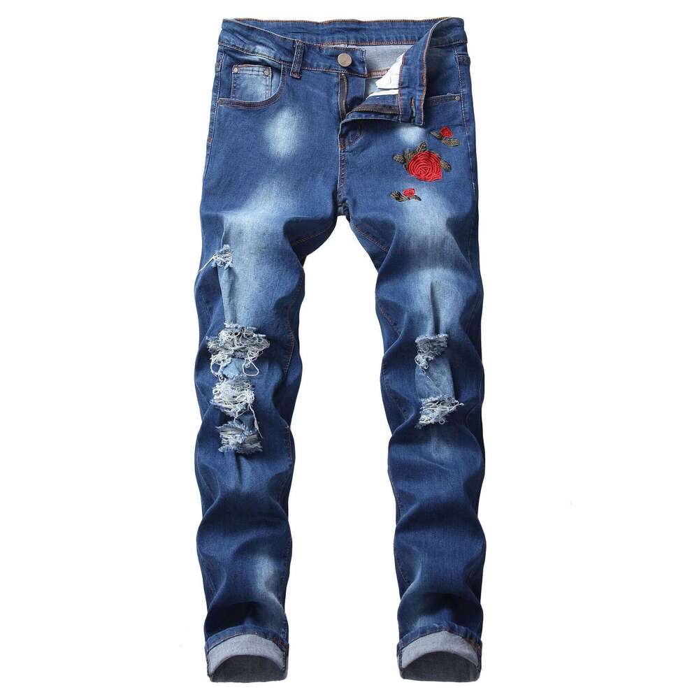 European And American Men's Casual Jeans With Embroidered Roses, Fashionable Ripped, Slim-Fit, Stretch, Ankle-Length Trousers