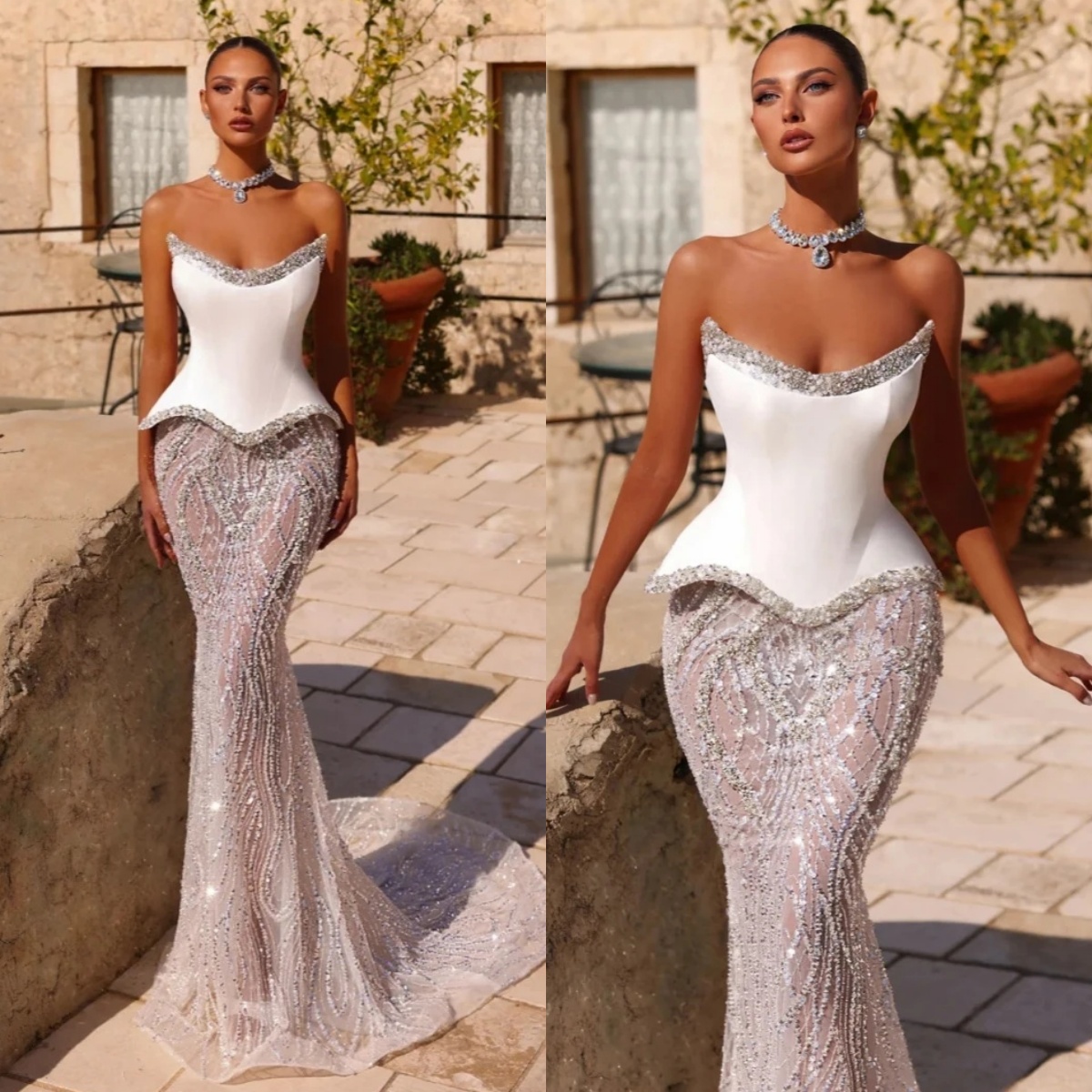 Unique Strapless Wedding Dresses Sequins Beading Bridal Gowns Rhinestone Sleeveless See Through Mermaid Customized Vestidos De Novia Plus Size
