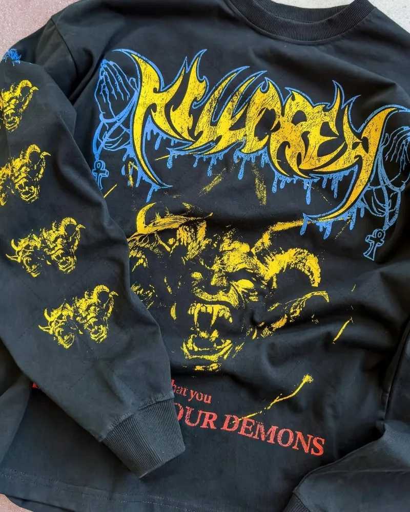 2025 Street Fashion Retro Hoodie Y2k Harajuku Devil Pattern Top European and American Gothic Punk Extra Large Mens Sportswear W250408