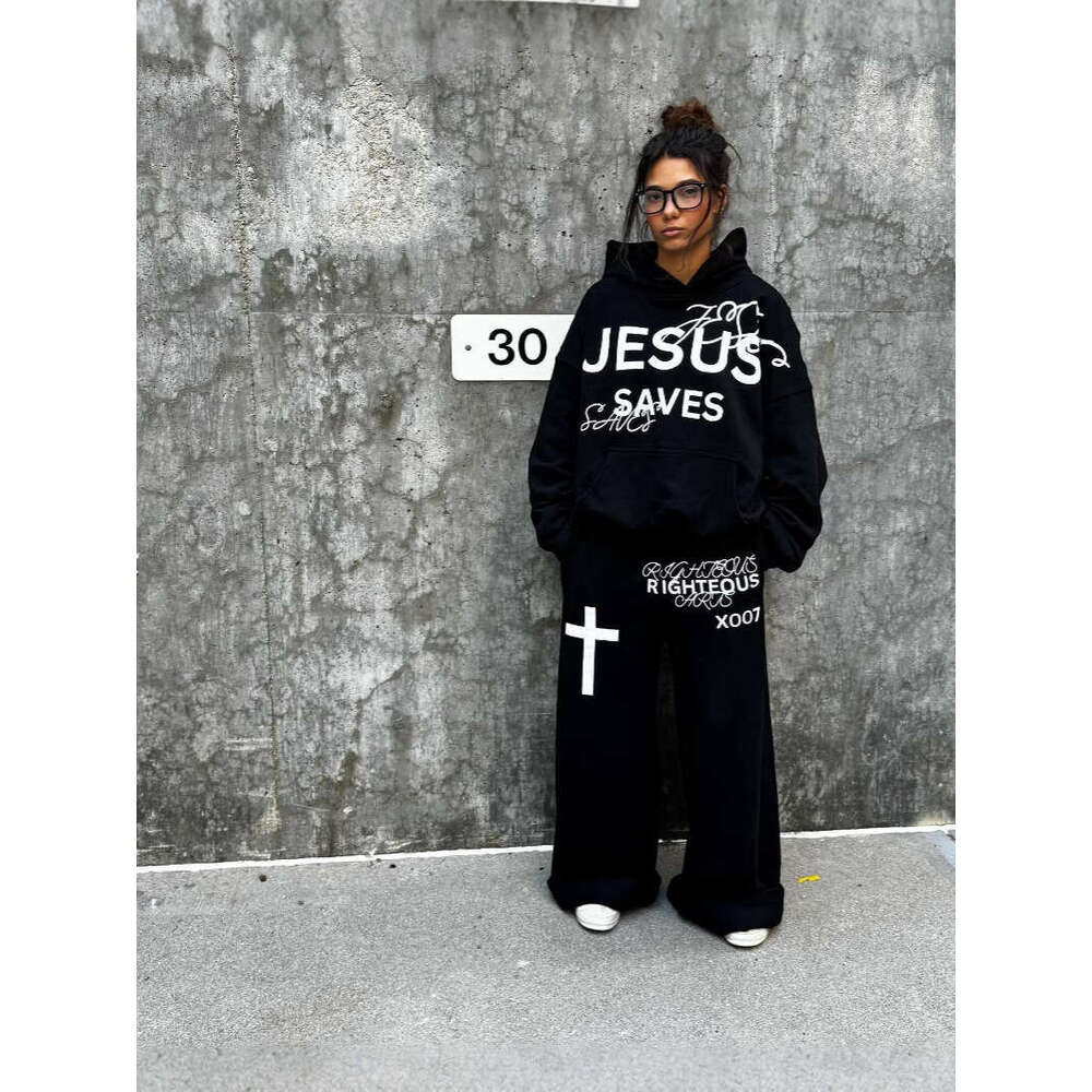 International Station Letter Print Hoodie Set Unisex Loose Fit Hooded Sweatshirt