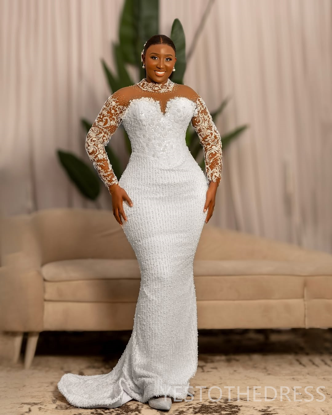 2025 Plus Size African Wedding Dress Bridal Gowns For Bride Detachable Train Mermaid High Neck Illusion Long Sleeves Beaded Lace Wedding Gowns For Bla
