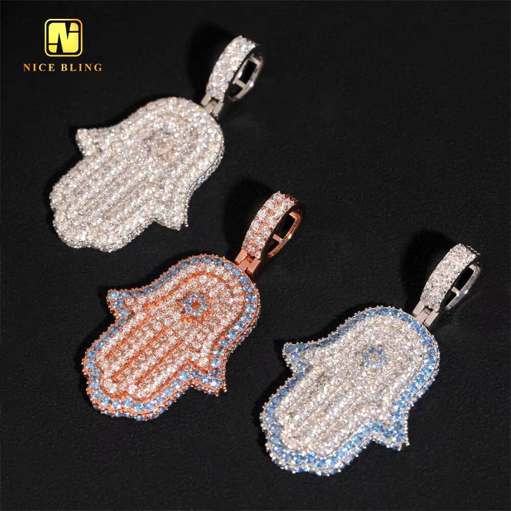 High Quality Ready to Ship Hamsa Charm Fine Hip Hop Jewelry 925 Silver 5A Cubic Zirconia Custom Iced Out Blue Diamond Pendant