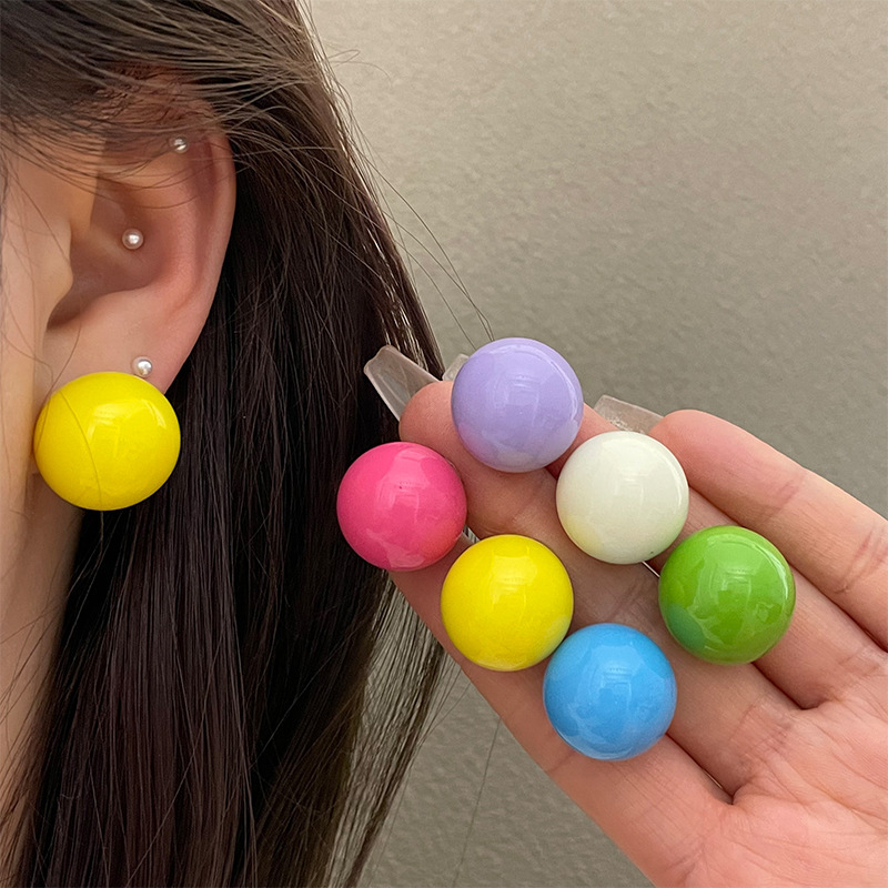 2025 Spring Summer New Colorful Candy Ball for Women S Sier Needle Girl Temperament Round Stud Earrings