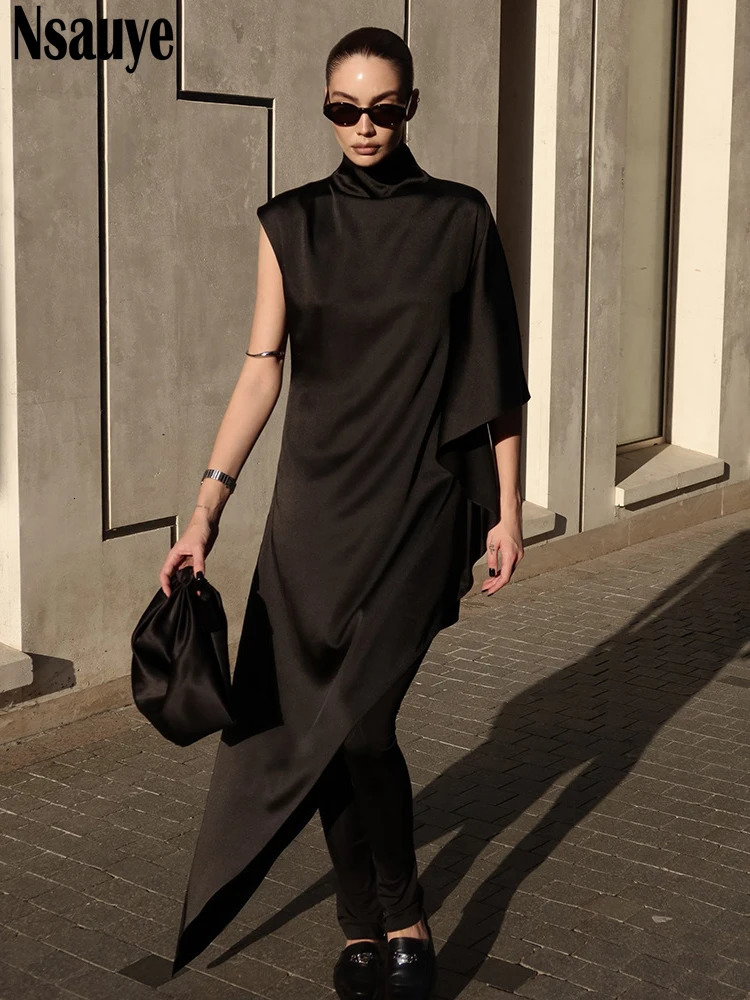 Sexy Evening Party Women Night Club Satin Elegant Dress Long Pullover Summer High Split Maxi Holiday Fashion Dress 250728