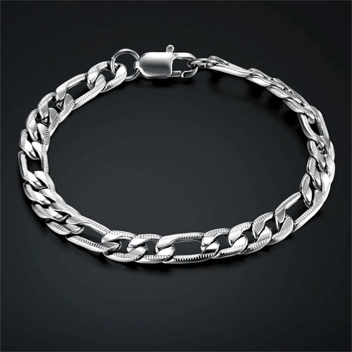 7mm Punk Embossing Figaro Chain Link Bracelet Gold Silver Color Stainless Steel Hand Chains for Women Men Fashion Jewelry Gift W250728