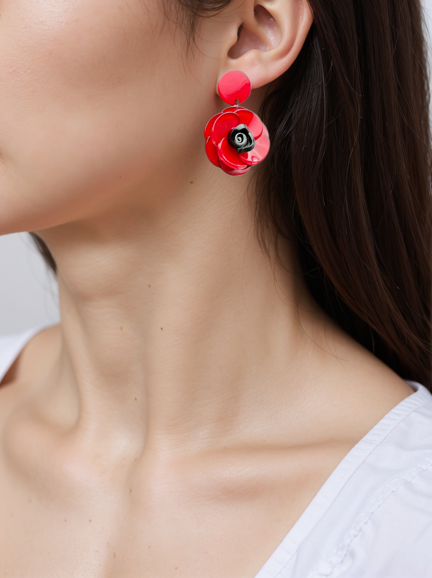 Elegant Exaggerated Floral Design Earrings Featuring Layered Red Blossoms