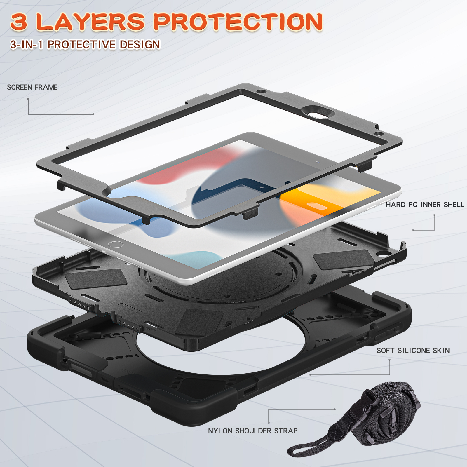 Heavy Duty Rugged Tablet Cover For IPad 7th 8th 9th Gen 10.2 inch Case 360 Degree Rotating Handle Stand Shoulder Strap Case with Screen Protector Kids