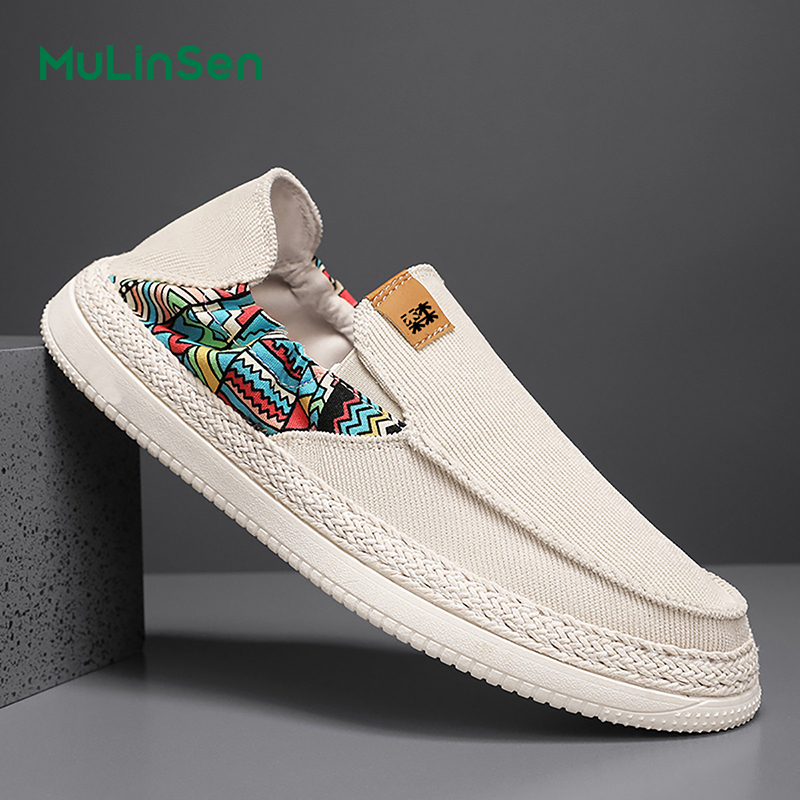 Mulinsen canvas shoes men's 2025 new summer breathable soft sole lazy one-step sneakers driving casual trendy shoes