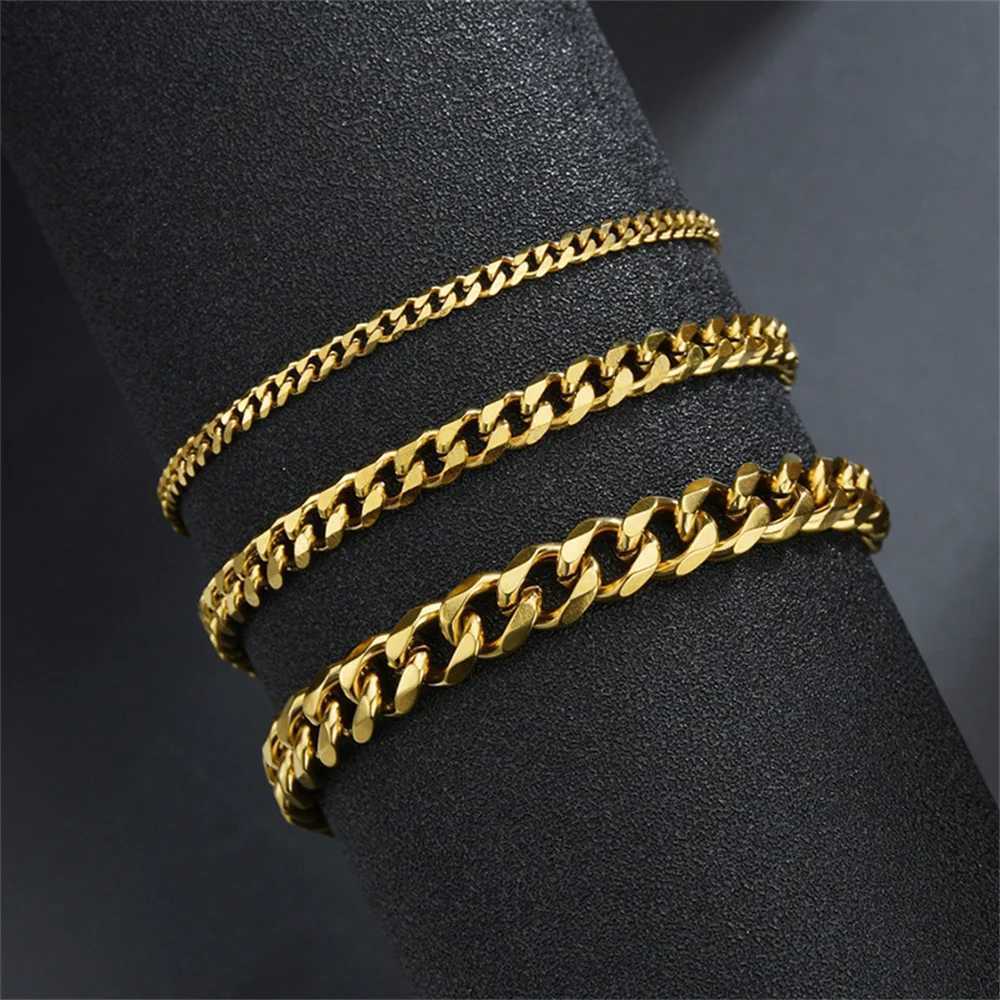Hip Hop Stainless Steel Cuban Chain Bracelet For Women 3 5 7 mm Simple Stainless Steel Men Bracelet in Gold Color Jewelry W250728