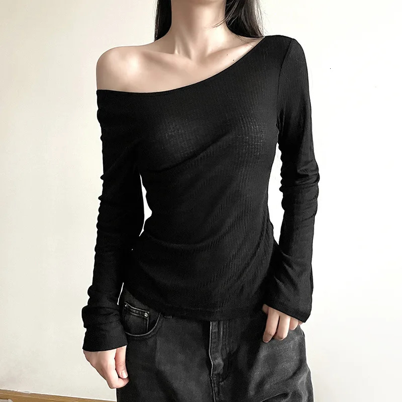 Women Autumn Longsleeved Slash Neck Crop Tops Elastic Sexy Slim Backless Tshirts Female Fashion Laceup Solid Top Tees 250728