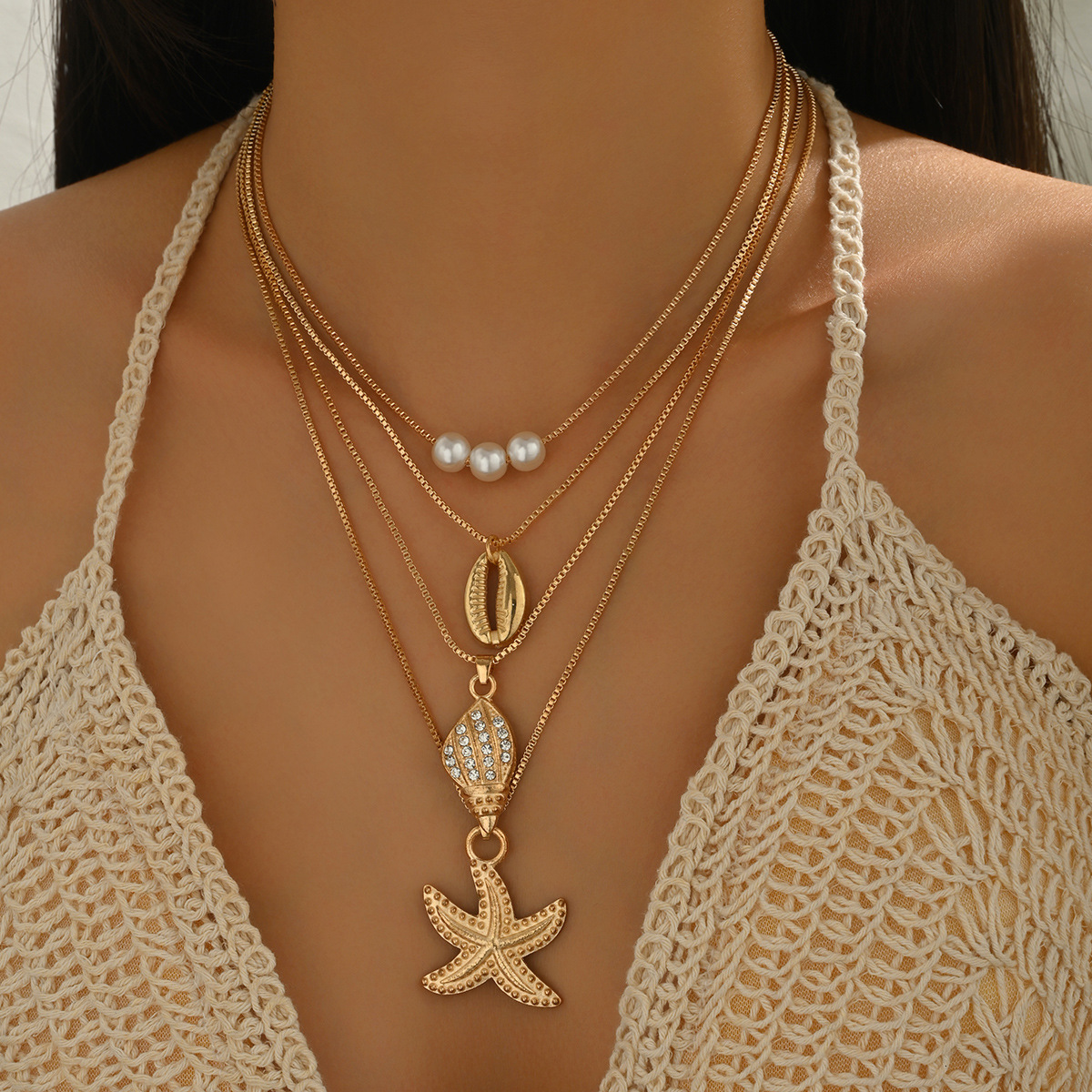Summer Ocean Vacation Beach Shell Necklace for Women, Conch and Starfish Multi-layer Stacking Necklace, Collarbone Chain Jewelry for Women