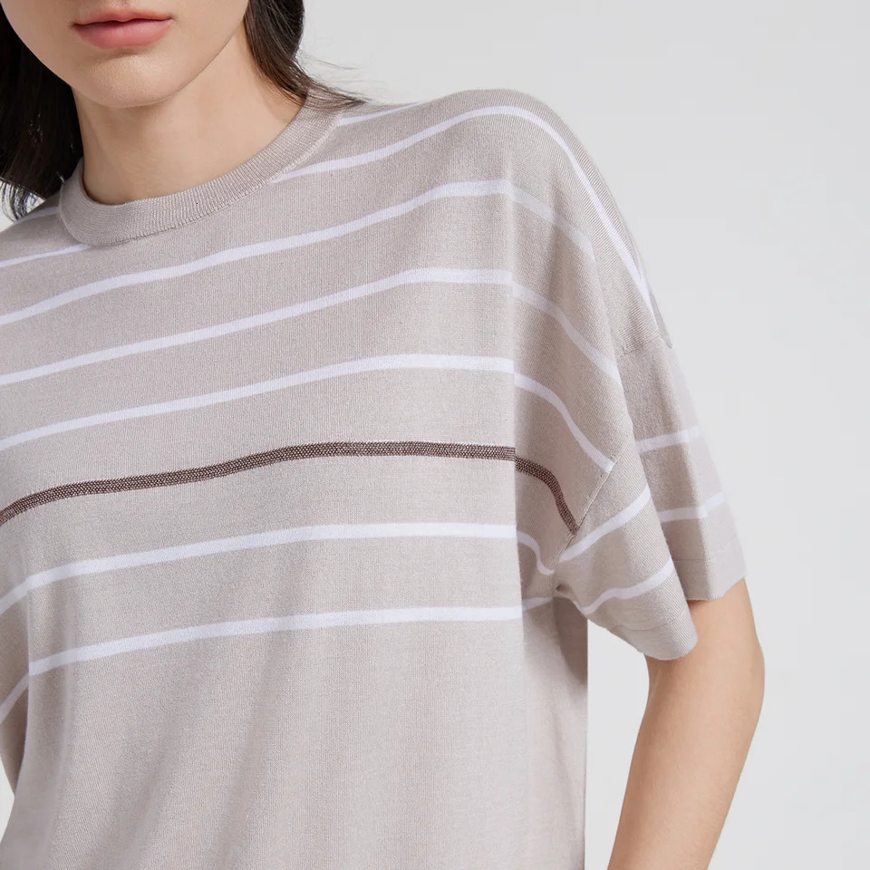 1139 High Quality Summer Loose Striped Knitted Sweater 30% Silk 70% Merino Wool for Women 250728