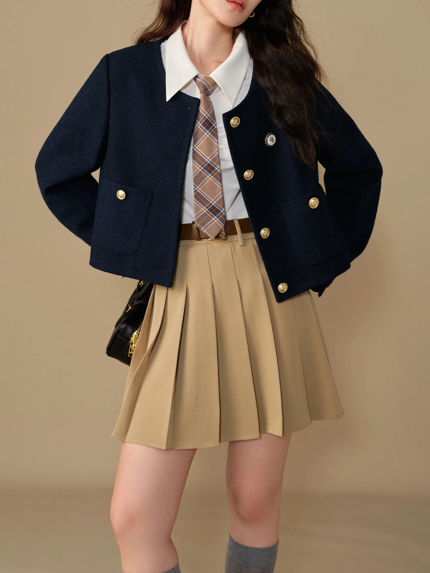 Dushu Women Red Tweed Jackets Round Neck Single Breasted Winter Navy Blue Female Thicken Coats 24DS84286 250728