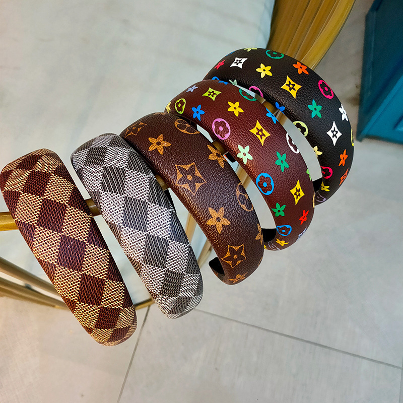 Temperament hair band Korean version leather color printing plaid wide edge hair band hair accessories simple face washing hair pressing hair clip fem