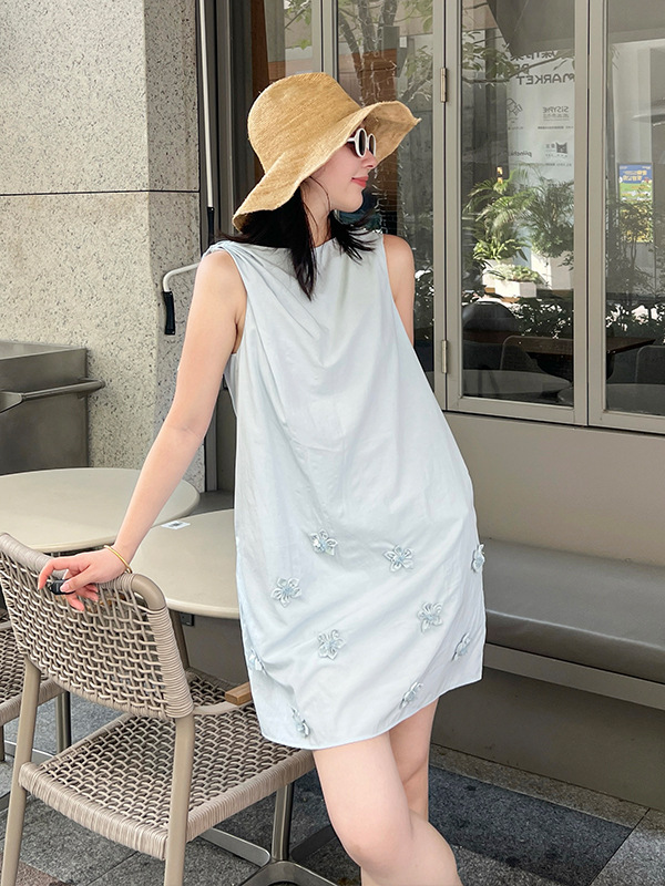 F7283 Blue cotton blended pleated vest skirt