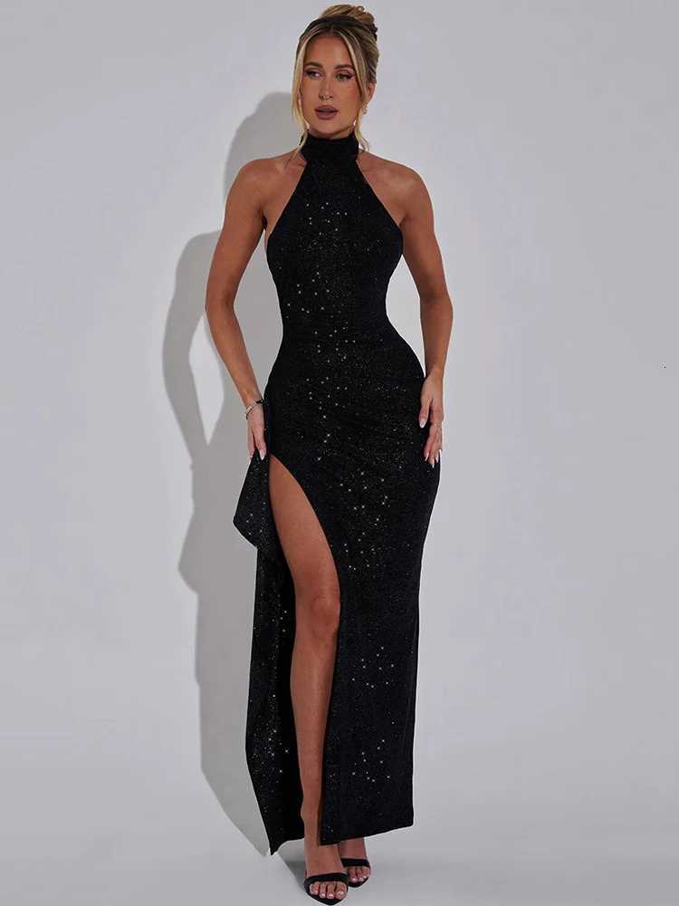 Mozision Sparkle Thigh High Split Sexy Maxi Dress Women Gown Black Half High Collar Sleeveless Backless Bodycon Sexy Long Dress Z250728