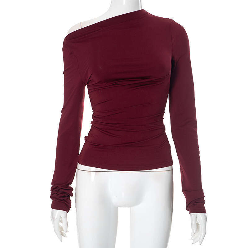 Y24tp624 Autumn Winter Women's Solid Color Off-Shoulder Asymmetrical Ruched Long Sleeve T-Shirt Top B5