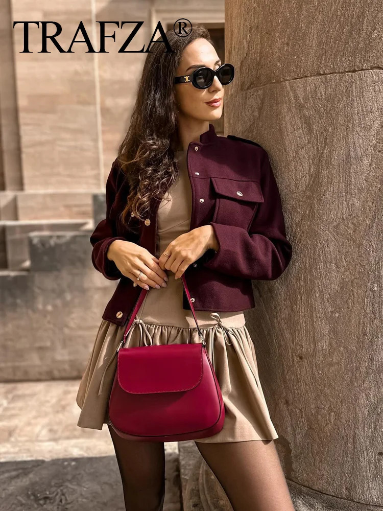 TRAFZA Fashion Women Soft Tweed Bomber Jacket ONeck Long Sleeve Pockets Buttons Loose Woolen Coat Female Streetwear w250728